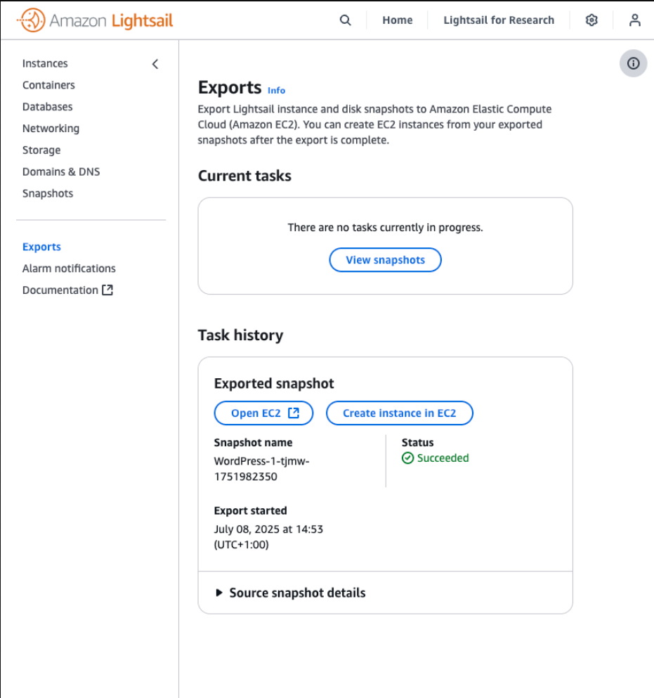 Screenshot of Lightsail showing exported snapshots in task history