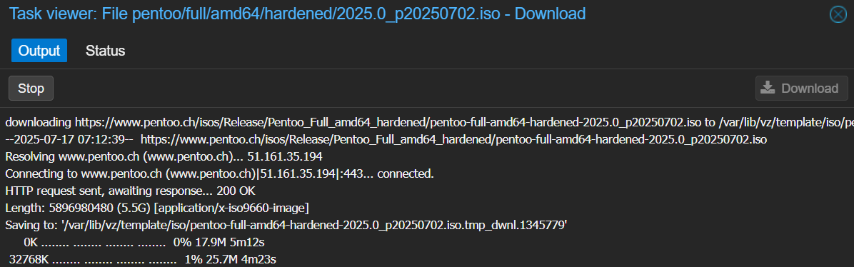 Image of Pentoo ISO download to Proxmox
